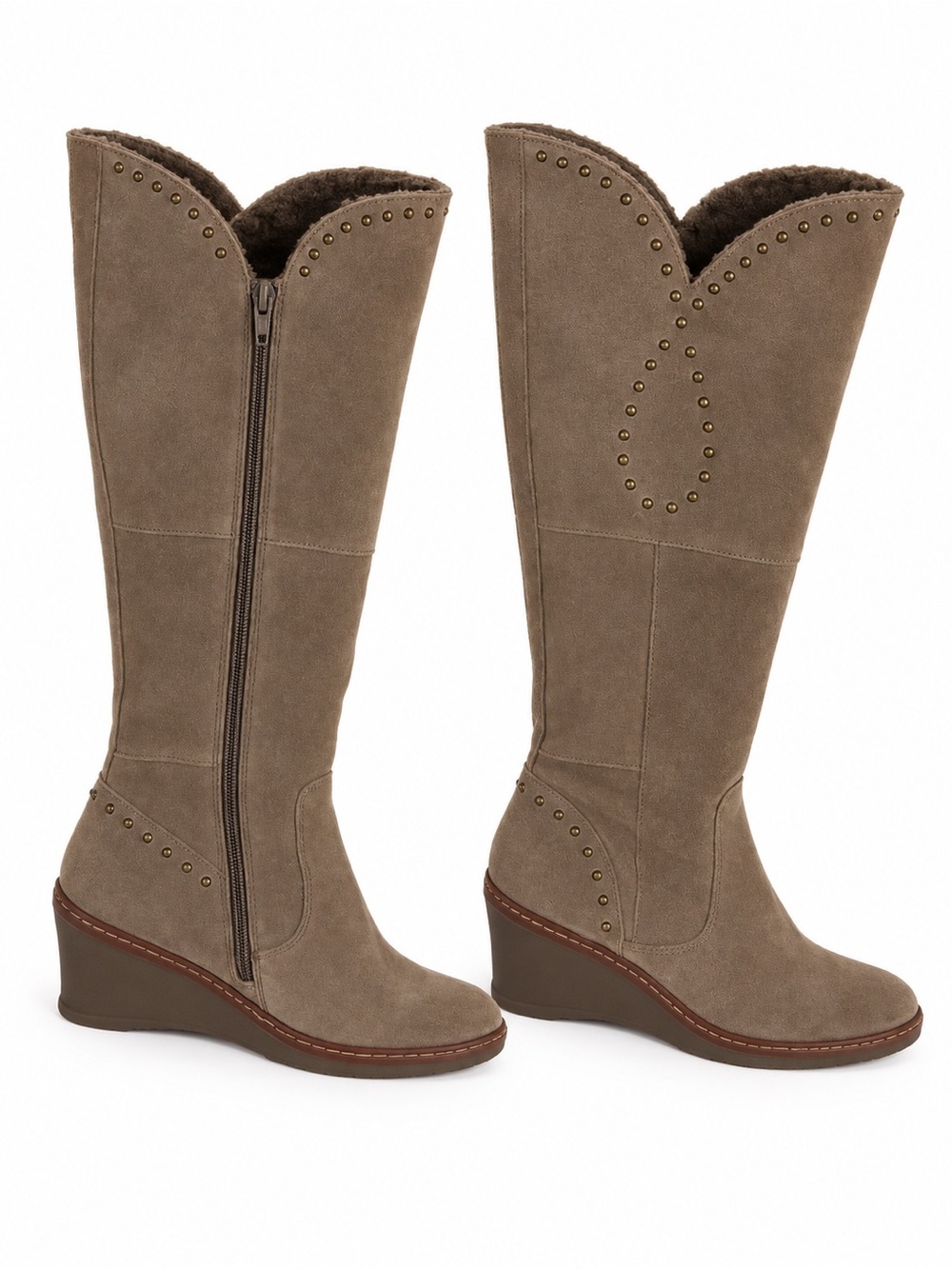 Baretraps Stay Dry Taupe Studded Leather Wedge Boots Faux Fur Lined 8.5 M